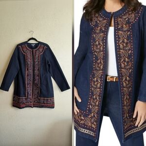 Jessica London Blue and Orange Embroidered Denim Topper Plus Size 16W Casual